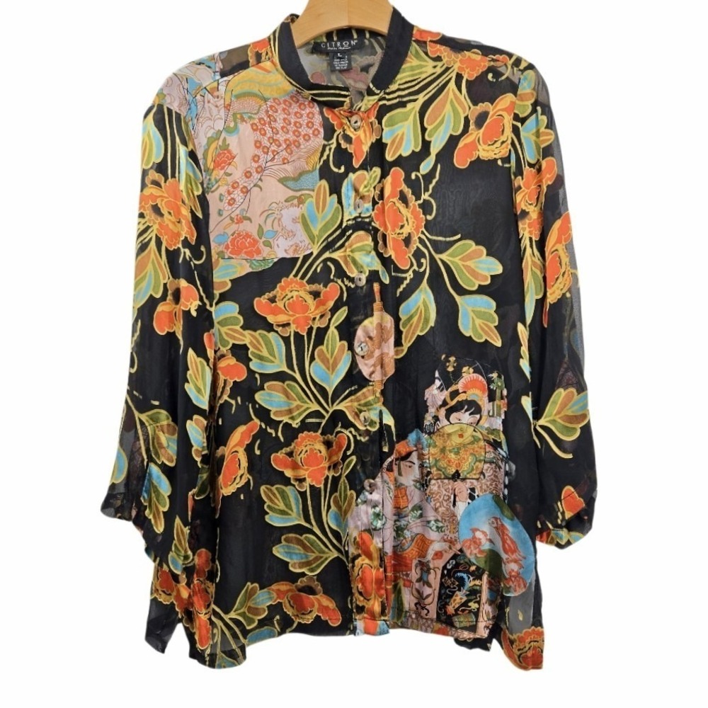 CITRON Santa Monica Shirt Womens Large Silk Black Floral Button Asian Top